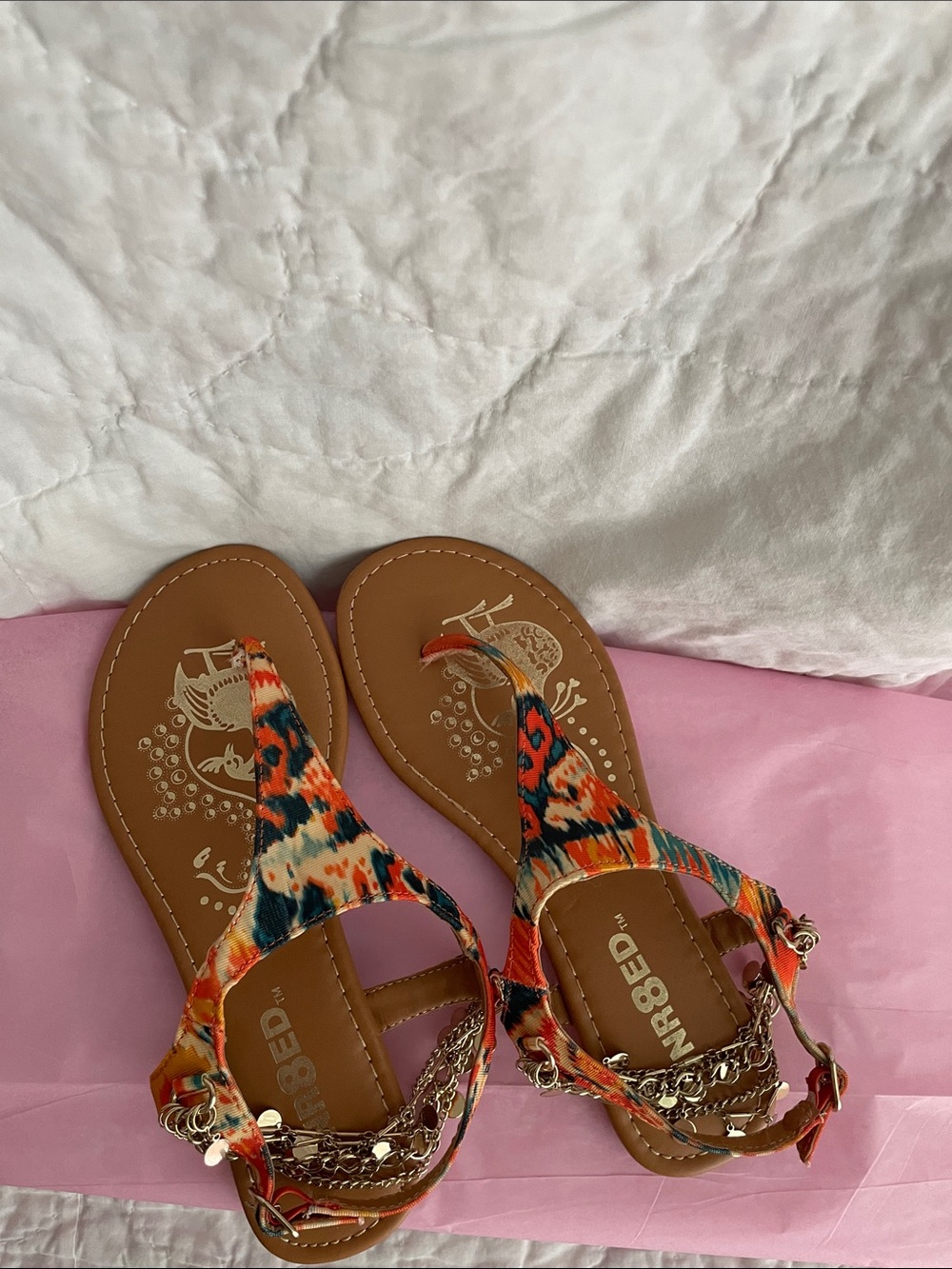 Unboxed Women’s Orange Multicolor Beaded T-Strap Sandals